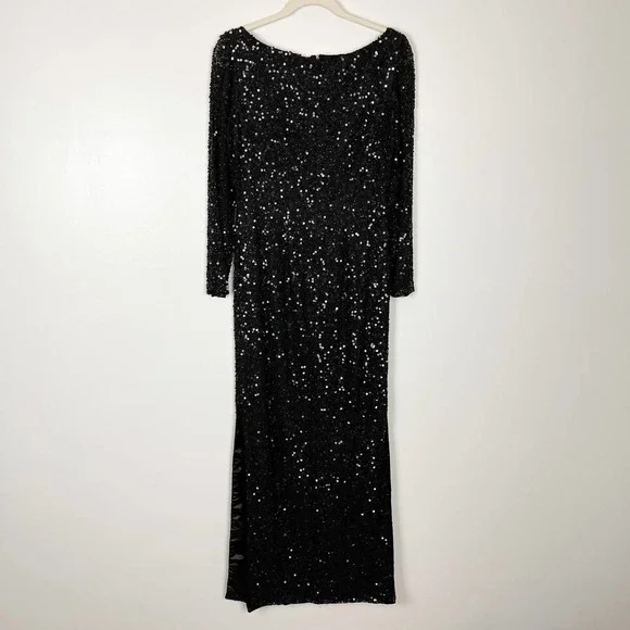 NWT Scala Black Silk Fully Sequin Long Sleeve Maxi Dress Side Slits Size Small - Picture 9 of 14